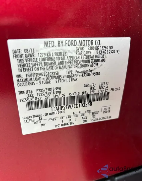 2012 Ford Taurus Sel from USA, damaged, VIN 1FAHP2EW7CG103358